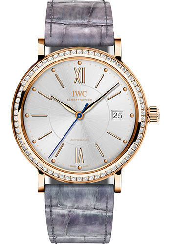 IWC Portofino Midsize Automatic Watch - 37 mm Red Gold Case - Silver Dial - Lilac Alligator Strap