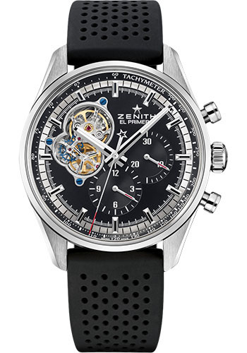 Zenith Chronomaster El Primero Open Watch - Steel - Black Dial - Black Rubber Strap