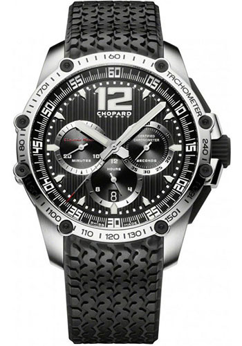 Chopard Superfast Chrono Watch - Steel Case - Tachometer Scale Engraved Bezel - Black Dial - Rubber Tyre Design Strap