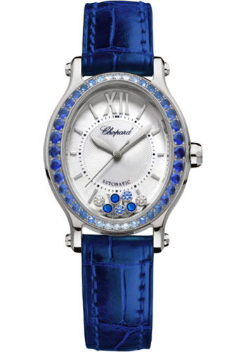 Chopard Happy Sport Oval Watch - 31.31 x 29.00 mm White Gold Diamond Case - Silver Dial - Blue Strap