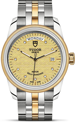 Tudor Glamour Date + Day Watch - 39 mm Steel and Gold Case - Champagne Jacquard Diamond Dial - Bracelet