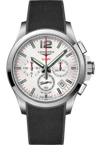 Longines Conquest V.H.P. Watch - 42 mm Steel Case - Silver Carved Arabic Dial - Rubber Strap